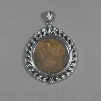 KG-058 RARE Authentic Antique Thaliand King Rama V Chulalongkorn late 1800 Copper Coin with Handmade Sterling Silver cz diamond Pendant