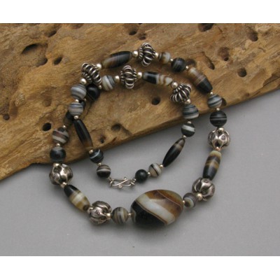 RARE Ancient Agate Sterling Silver Beads Necklace