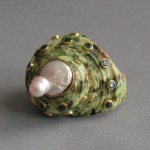 KG-041 Unique handmade seashell ring, shell ring, genuine Emerald, Baroque pearl, gold over silver, Beach ring, Beach jewelry, Shell jewelry, one of a kind ring, 7us