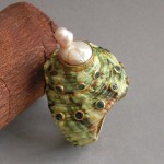 KG-041 Unique handmade seashell ring, shell ring, genuine Emerald, Baroque pearl, gold over silver, Beach ring, Beach jewelry, Shell jewelry, one of a kind ring, 7us