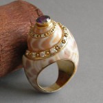 KG-046 Unique Handmade seashell ring, Amethyst cz diamonds, Natural seashell, Gold over silver ring, shell jewelry, beach jewelry, beach ring,Beach theme