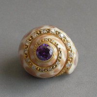 KG-046 Unique Handmade seashell ring, Amethyst cz diamonds, Natural seashell, Gold over silver ring, shell jewelry, beach jewelry, beach ring,Beach theme