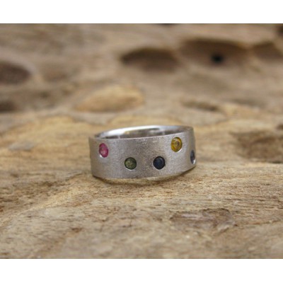 KG-036 Unique Mixed Genuine Gemstones Handmade Sterling Silver  Ring