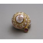 KG-030 Elegant Handmade!!  22k Gold Plated on Sterling Silver Pearl Tourmaline Shell Sea shell Ring Size 5.5