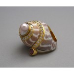 KG-030 Elegant Handmade!!  22k Gold Plated on Sterling Silver Pearl Tourmaline Shell Sea shell Ring Size 5.5