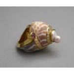 KG-030 Elegant Handmade!!  22k Gold Plated on Sterling Silver Pearl Tourmaline Shell Sea shell Ring Size 5.5