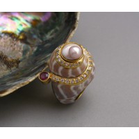 KG-030 Elegant Handmade!!  22k Gold Plated on Sterling Silver Pearl Tourmaline Shell Sea shell Ring Size 5.5
