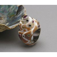 KG-038 Handmade Sterling Silver White Gold Plated with Multi Gemstones Sea Shell Ring Size 7.5