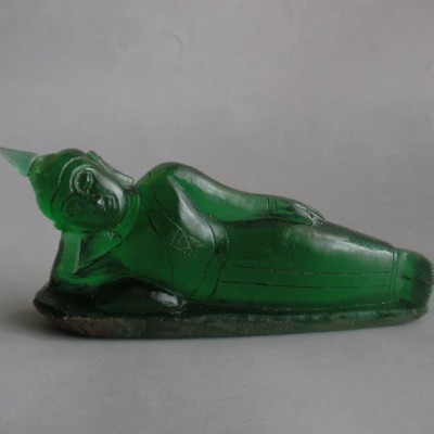 BD-015 Antique Old Emerald Green Cave Crystal Carved TUESDAY BUDDHA Phra Sai Yas Laying Reclining Sleeping Happy Buddha Statue