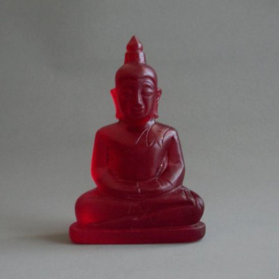 BD-004 Old Blood Red super red crystal quartz carved in Buddha seated in meditation posture, Magic Luckky Buddha Amulet from Meaung Hod, Chiang Mai Province, northern Thailand.