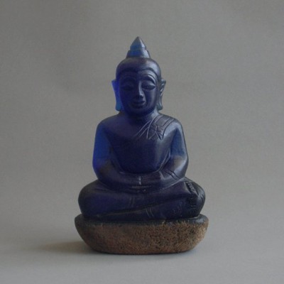 BD-002 Rare Old blue crystal carved in buddha seated in Meditation posture crowned Magic luckky buddha amulet from Meaung Hod, Northern Thailand
