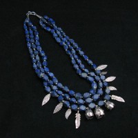 Old Lapis Lazuli Faces  with Sterling Silver Flower Leaf Spacer Beads Necklace