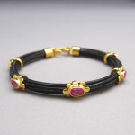 RARE Black Africa Elephant Hair with Genuine Rubellites Handmade 22k Gold Plated Silver Bracelet