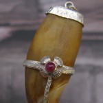 Very Old Antque RARE Bear Tooth Handmade-Hand carved 925 Sterling Silver with Genuine Red Ruby Pendant