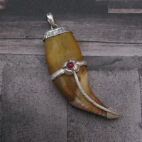 Very Old Antque RARE Bear Tooth Handmade-Hand carved 925 Sterling Silver with Genuine Red Ruby Pendant