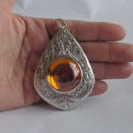 KG-063 KG-063 Large Huge Button Round Honey Yellow NAGA EYE Thai Talisman Cave Crystal Magic Power Buddha Amulet Handmade Silver Pendant