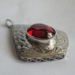 KG-062 RARE Oval Scarlet Blood Red NAGA EYE Thai Talisman Cave Crystal Magic Power Buddha Amulet Handmade Filigree Sterling Silver Pendant