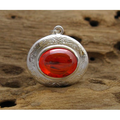 KG-064 Beautiful handmade-hand carved sterling silver case pendant setting on oval red-orange naga eye Thai amulet crytal. 