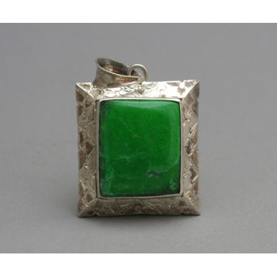 Antique Malachite Carved Sterling Silver Gemstone Pendant