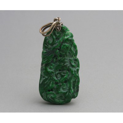 Handcarved Malachite Gem Stone in Dragon Naga Shape Silver Pendant